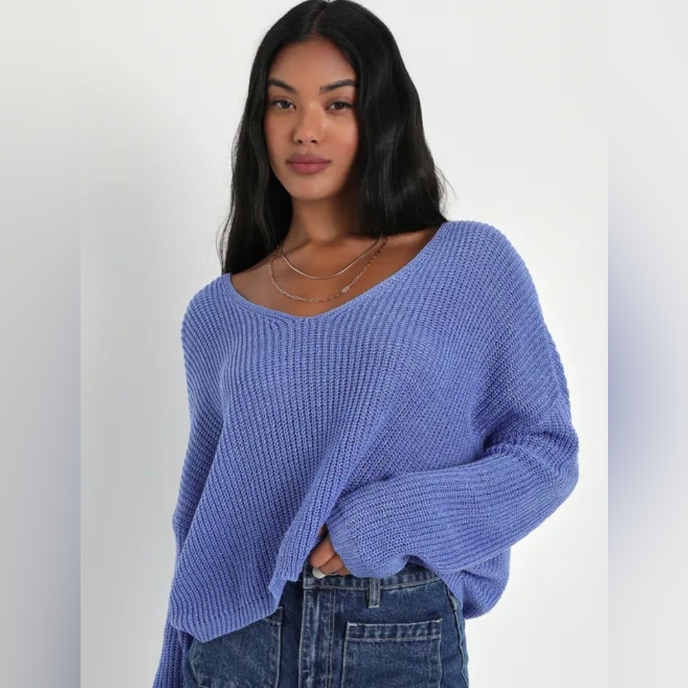 LULUS Women’s Sunset Strolls Periwinkle Blue Open Stitch V-Neck Sweater - Medium